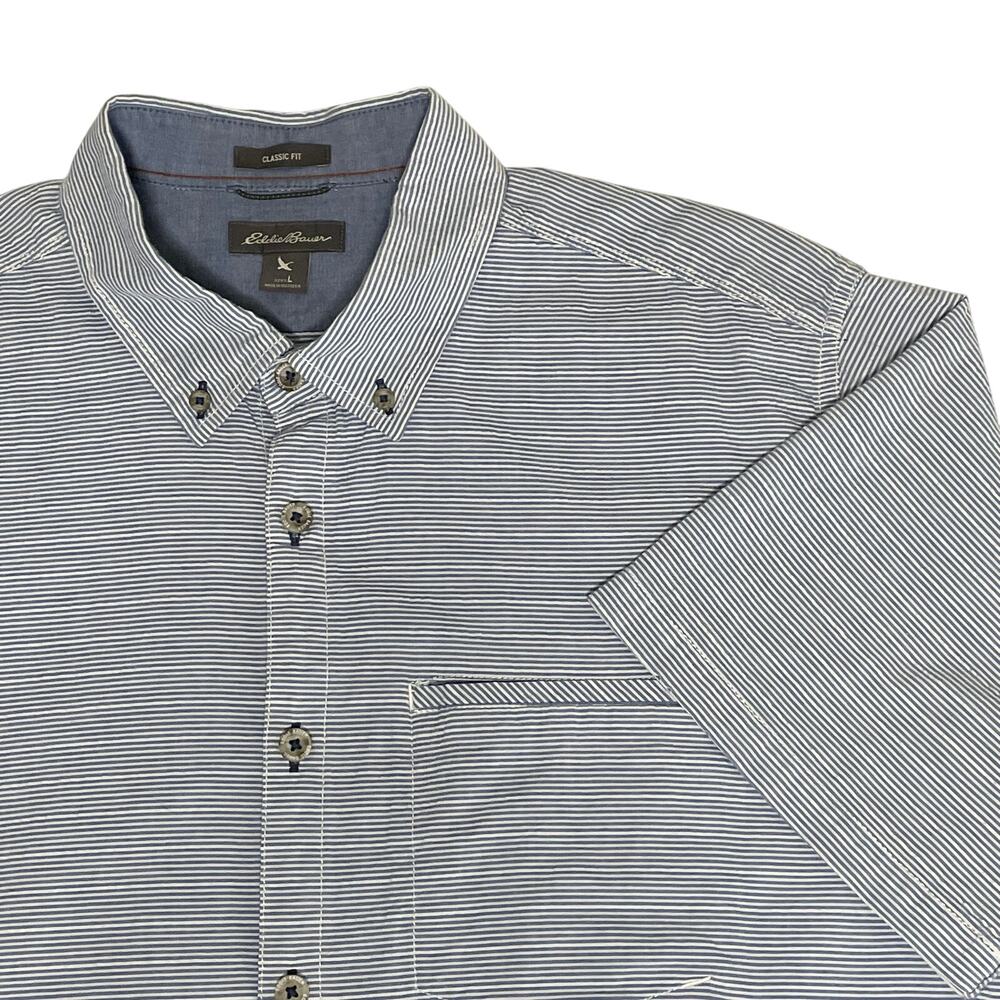 Eddie Bauer Crinkle Cotton SS Button Down Men's L Blue White Stripes